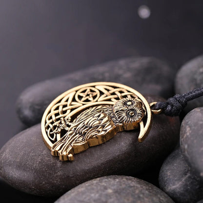 Mystical Owl and Crescent Moon Pentacle Necklace: a Wiccan Amulet for Owl Enthusiasts