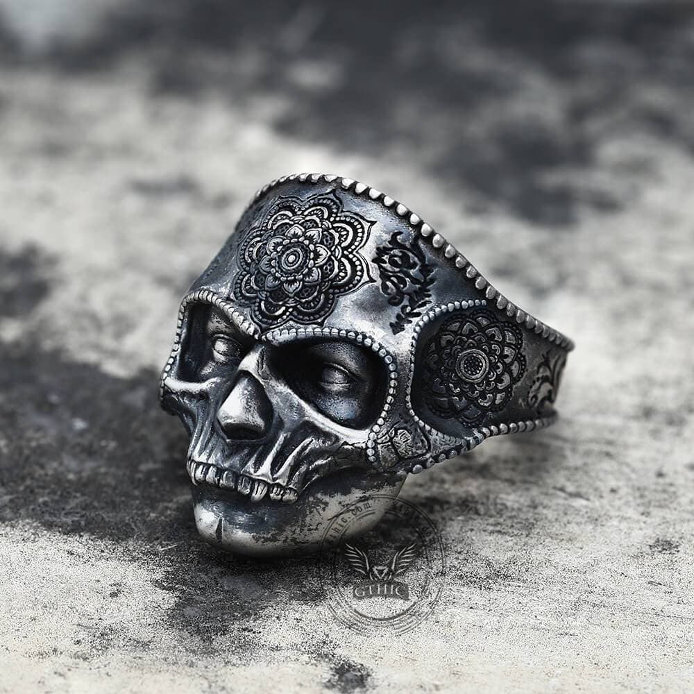 Mandala Flower Copper Sterling Silver Skull Ring
