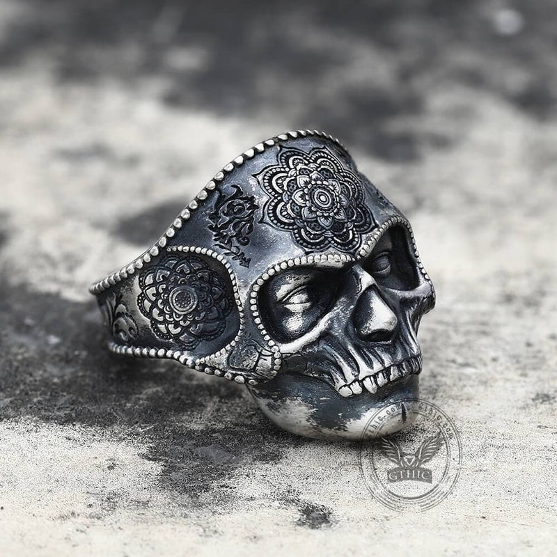Mandala Flower Copper Sterling Silver Skull Ring