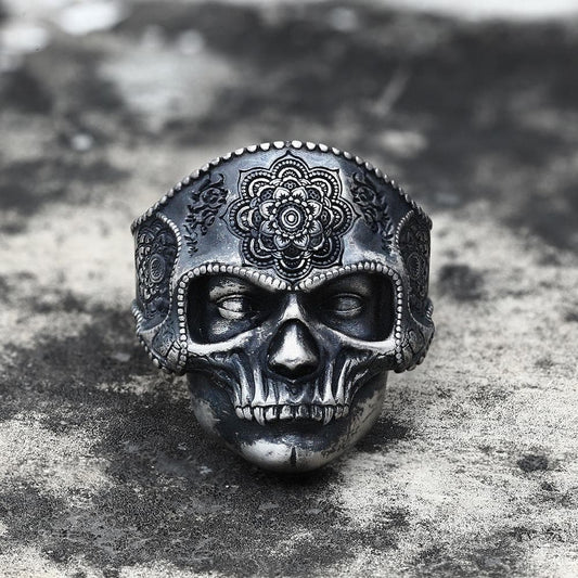Mandala Flower Copper Sterling Silver Skull Ring