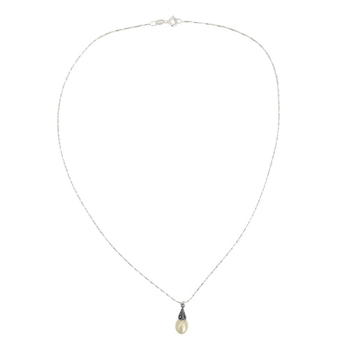 Antiqued Sterling Silver Marcasite Freshwater Pearl Pendant Delicate Chain Necklace, 18"