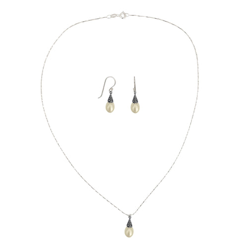Antiqued Sterling Silver Crystal Marcasite Pearl Pendant Necklace and Earring Jewelry Set