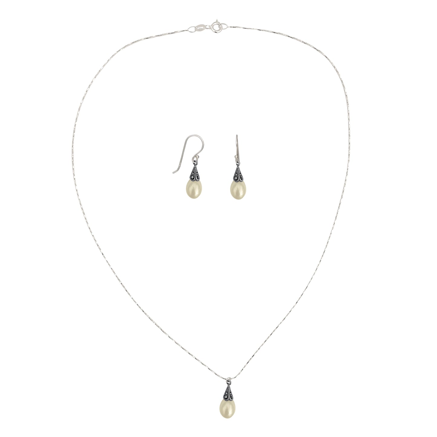 Antiqued Sterling Silver Crystal Marcasite Pearl Pendant Necklace and Earring Jewelry Set