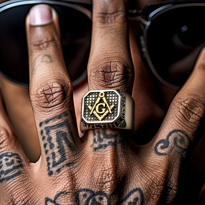 Square Masonic Signet Ring With Runes for