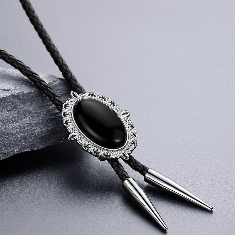 Western Black Onyx Leather Wedding Bolo Tie for