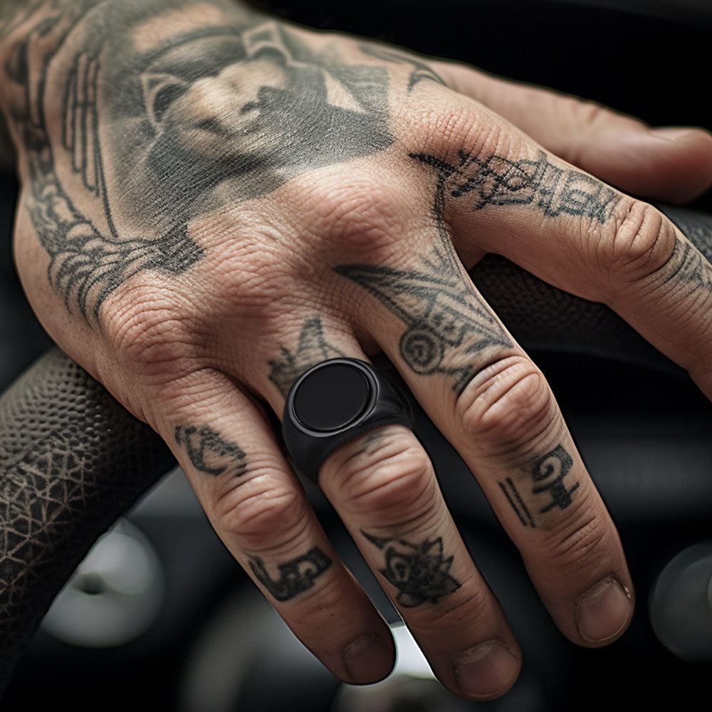 Round Black Onyx Signet Ring for Stainless Steel