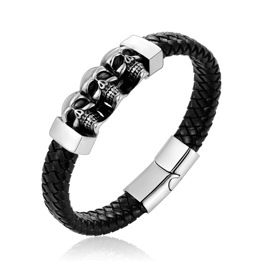 Genuine Leather Skulls Bracelet / Stainless Steel Bracelet With Magnetic Clasp