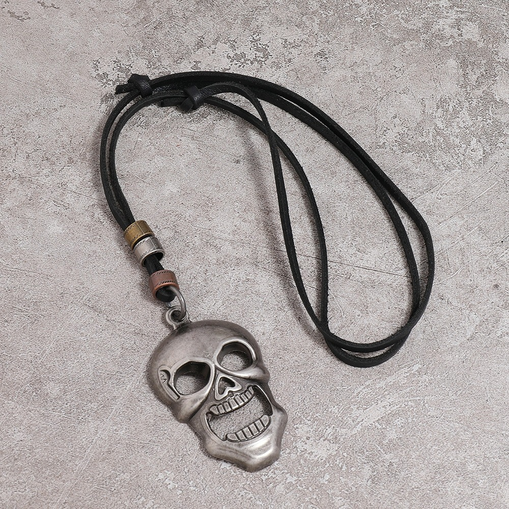 Metal Skull Pendant Necklace for and / Adjustable Genuine Leather Necklaces