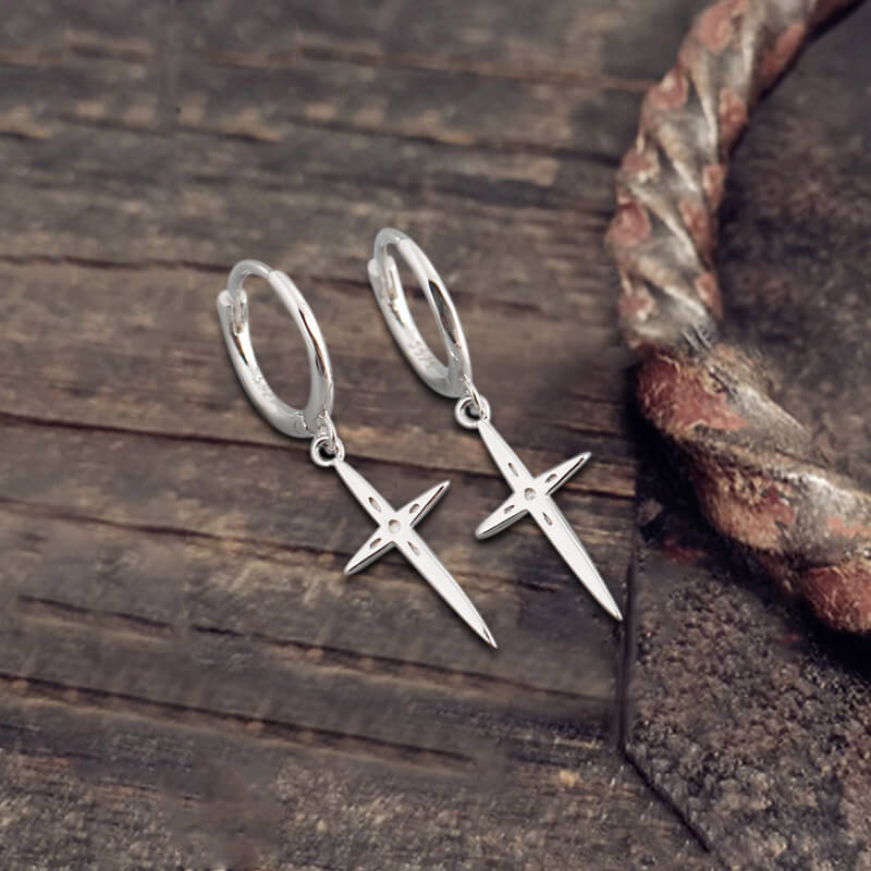Minimalist Cross Charm Sterling Silver Hoop Earrings