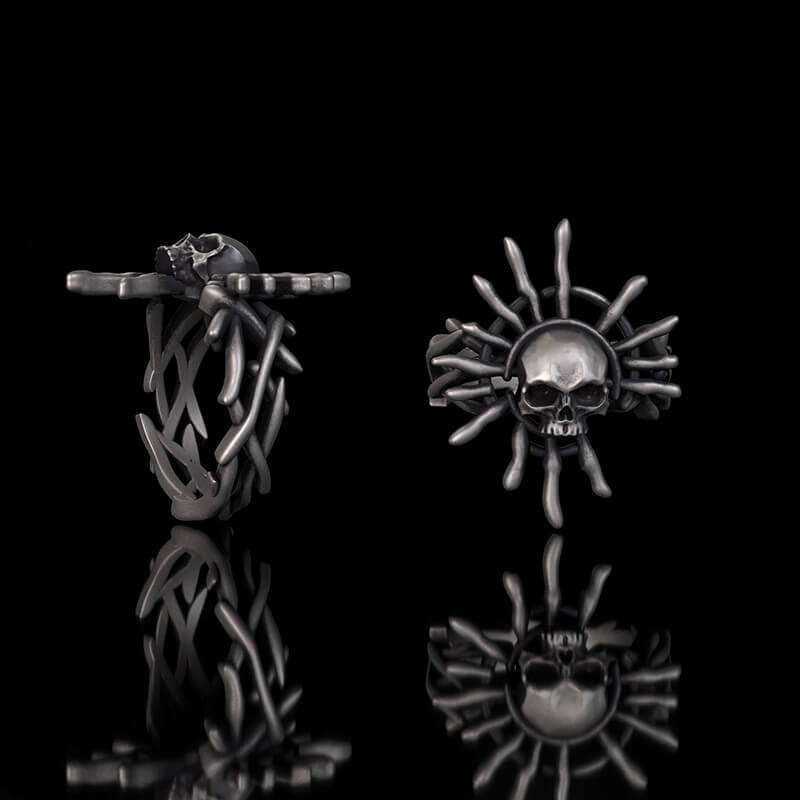 Monster Skull Sun God Sterling Silver Thorns Gothic Ring