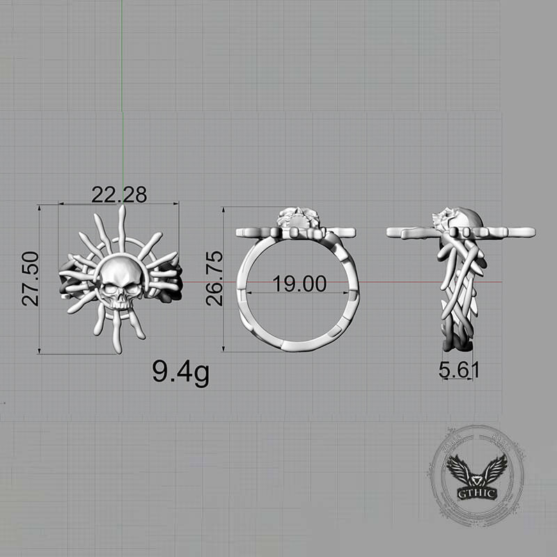 Monster Skull Sun God Sterling Silver Thorns Gothic Ring