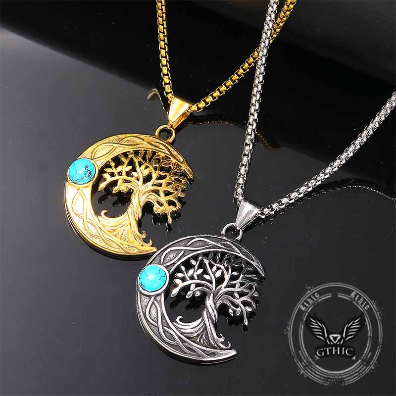 Moon Tree of Life Turquoise Stainless Steel Pendant
