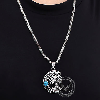 Moon Tree of Life Turquoise Stainless Steel Pendant