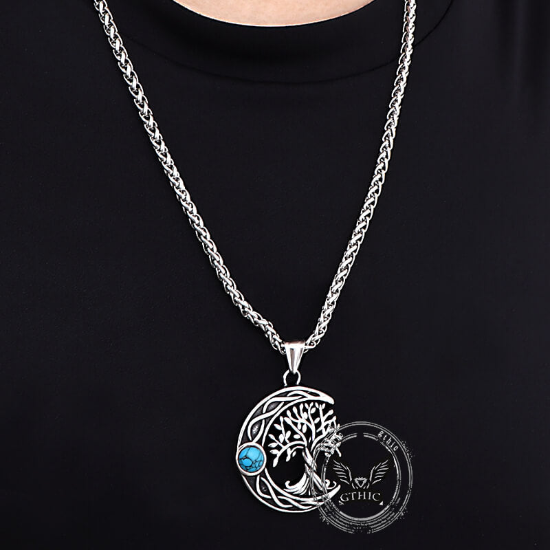 Moon Tree of Life Turquoise Stainless Steel Pendant