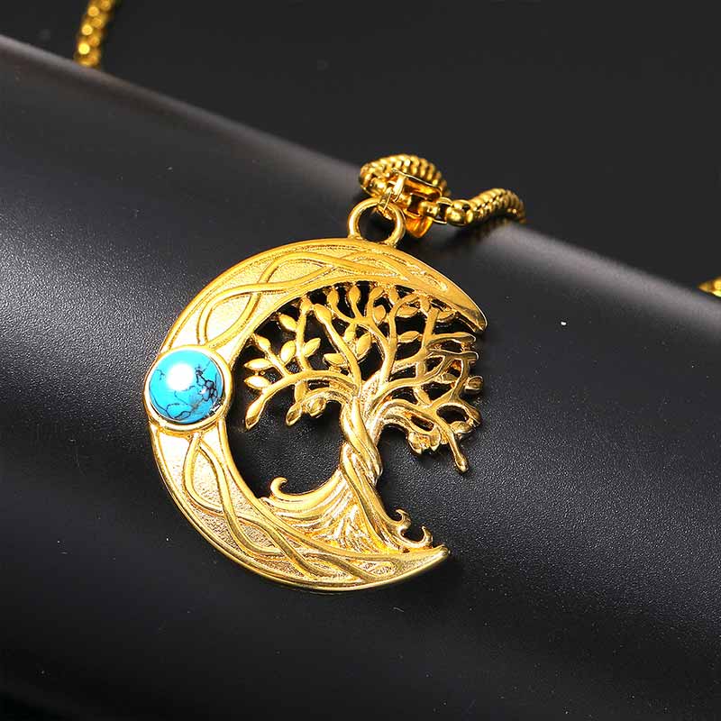 Moon Tree of Life Turquoise Stainless Steel Pendant