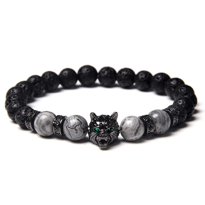 Natural Black Lava Stone Bracelet Wolf Charm / Elastic Jewelry With Animal Symbol