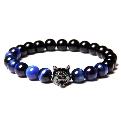 Natural Black Lava Stone Bracelet Wolf Charm / Elastic Jewelry With Animal Symbol