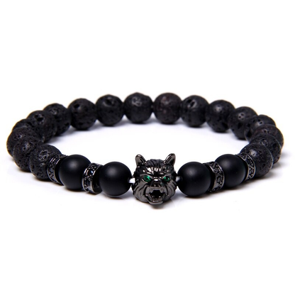 Natural Black Lava Stone Bracelet Wolf Charm / Elastic Jewelry With Animal Symbol