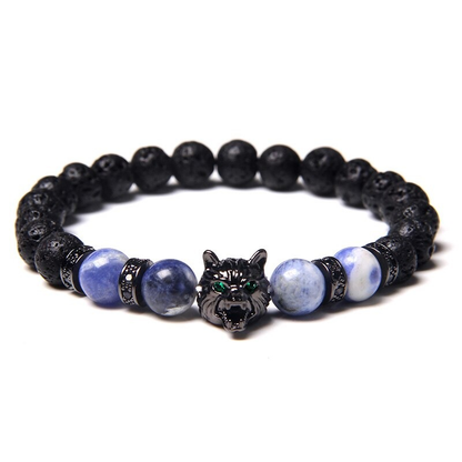 Natural Black Lava Stone Bracelet Wolf Charm / Elastic Jewelry With Animal Symbol
