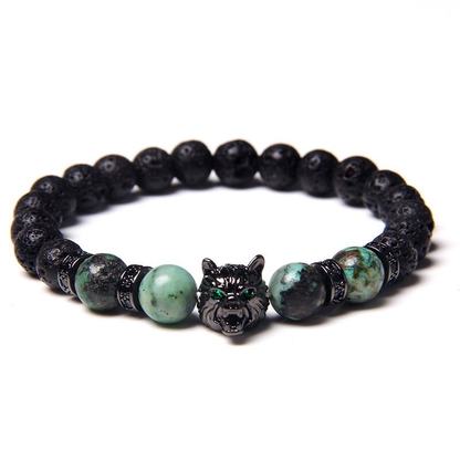 Natural Black Lava Stone Bracelet Wolf Charm / Elastic Jewelry With Animal Symbol
