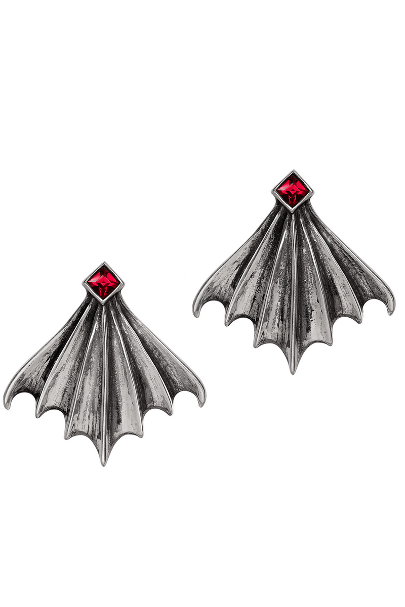 Nighttime Bat Wing Stud Earrings With Red Crystals