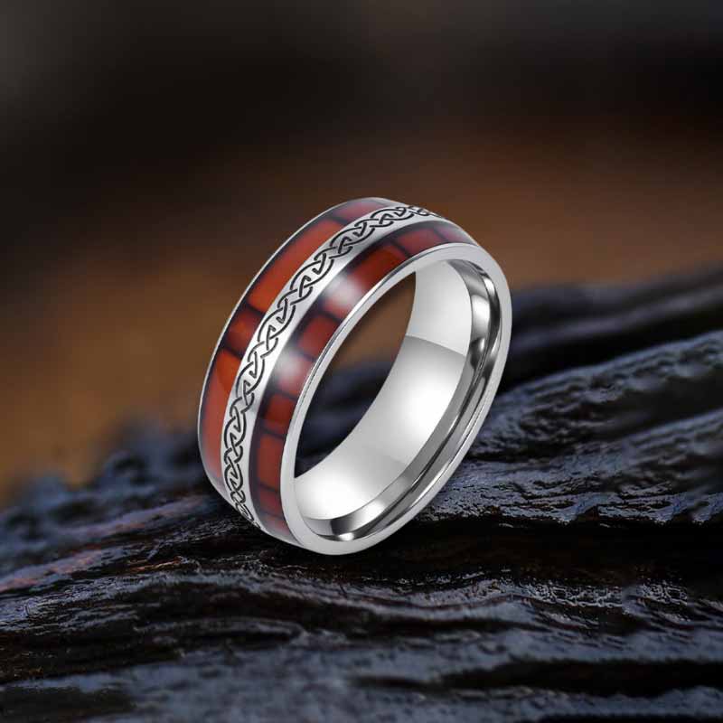 Nordic Celtic Knot Wood Grain Stainless Steel Ring