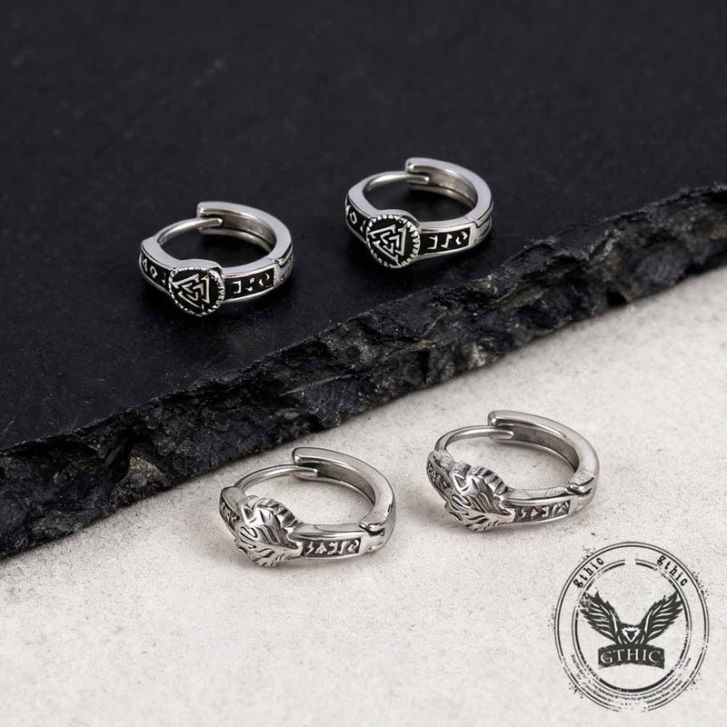 Nordic Valknut Wolf Head Stainless Steel Earrings