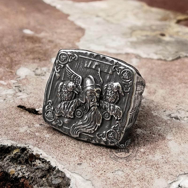 Odin Huginn and Muninn Stainless Steel Viking Ring