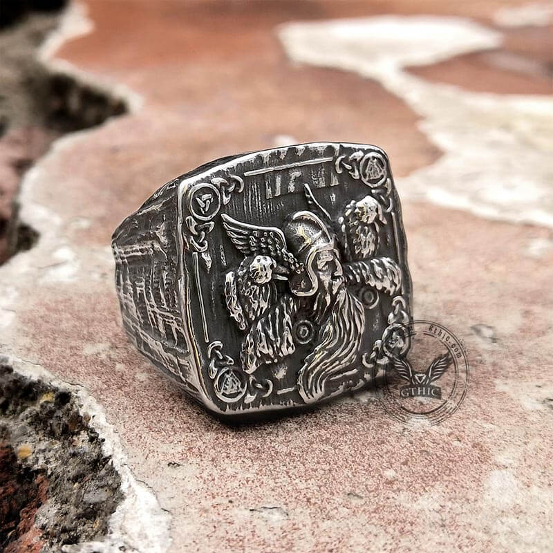Odin Huginn and Muninn Stainless Steel Viking Ring