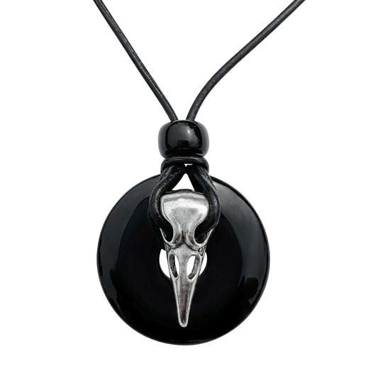 Silver Raven Skull on Black Onyx Tribal Black Leather Cord Necklace - 18 Inches
