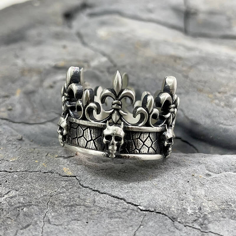 Ornate Crown Sterling Silver Skull Ring