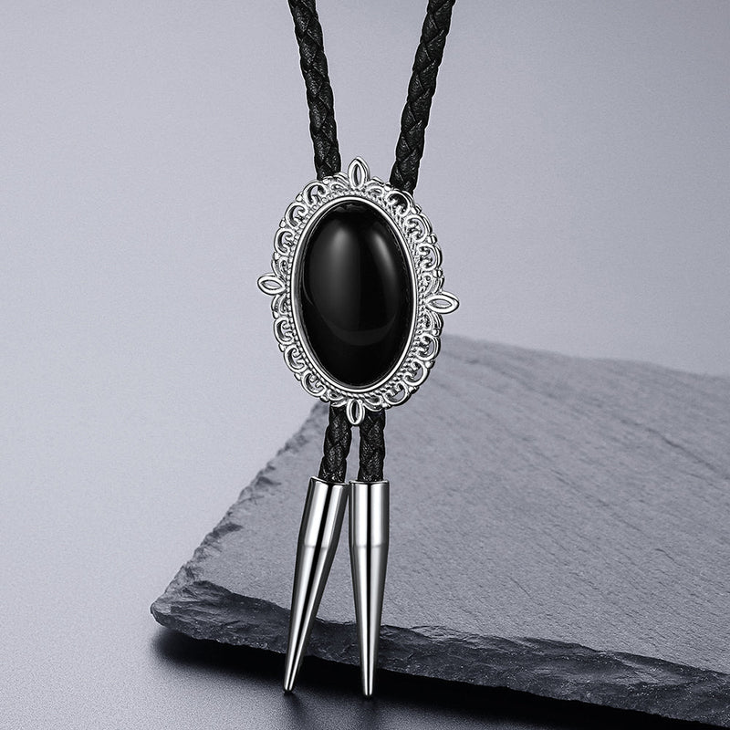Western Black Onyx Leather Wedding Bolo Tie for