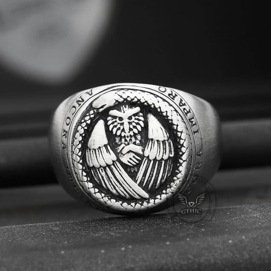 Owl and Ouroboros Stainless Steel Ring