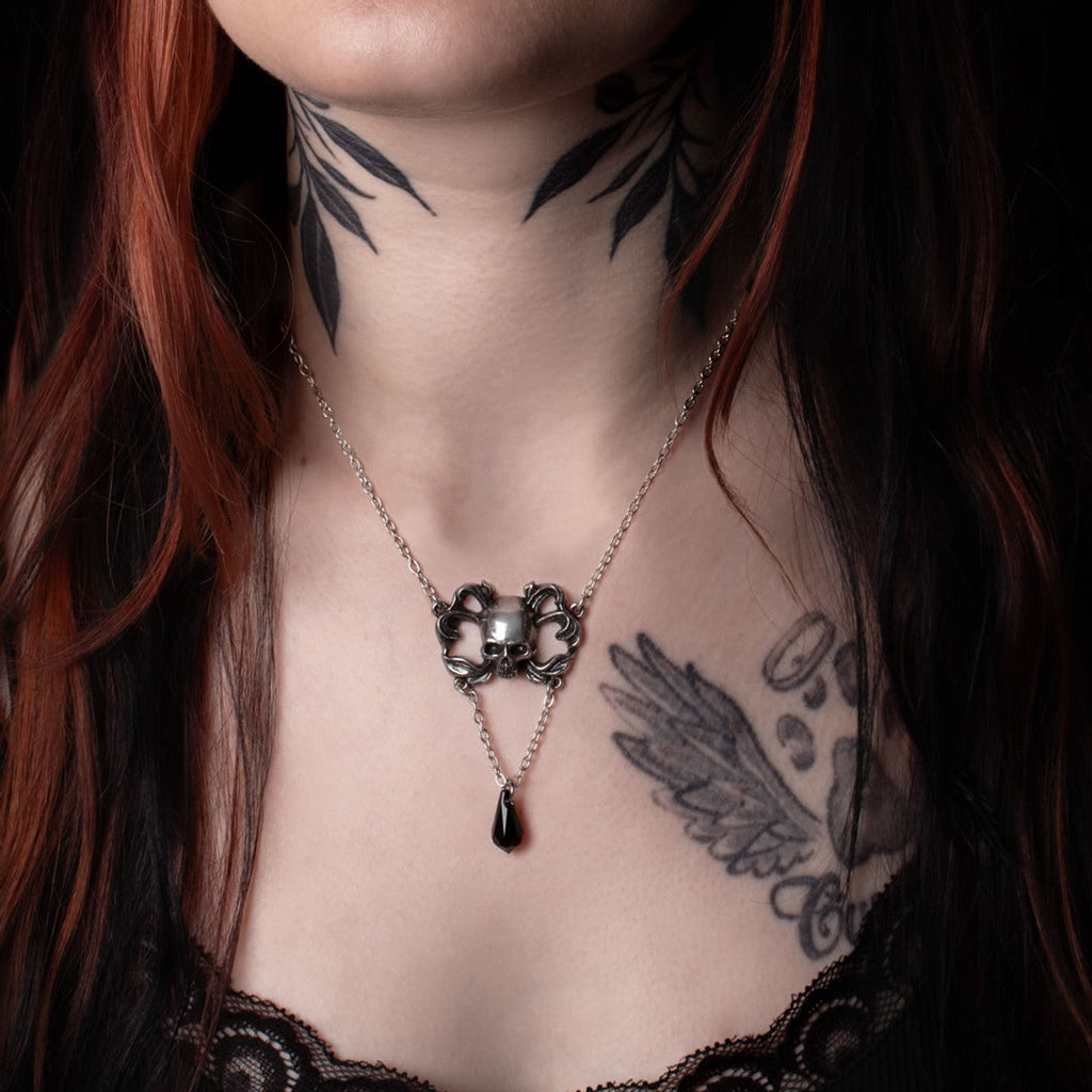 Sweet Death Skull and Black Crystal Pendant Necklace by Alchemy Gothic
