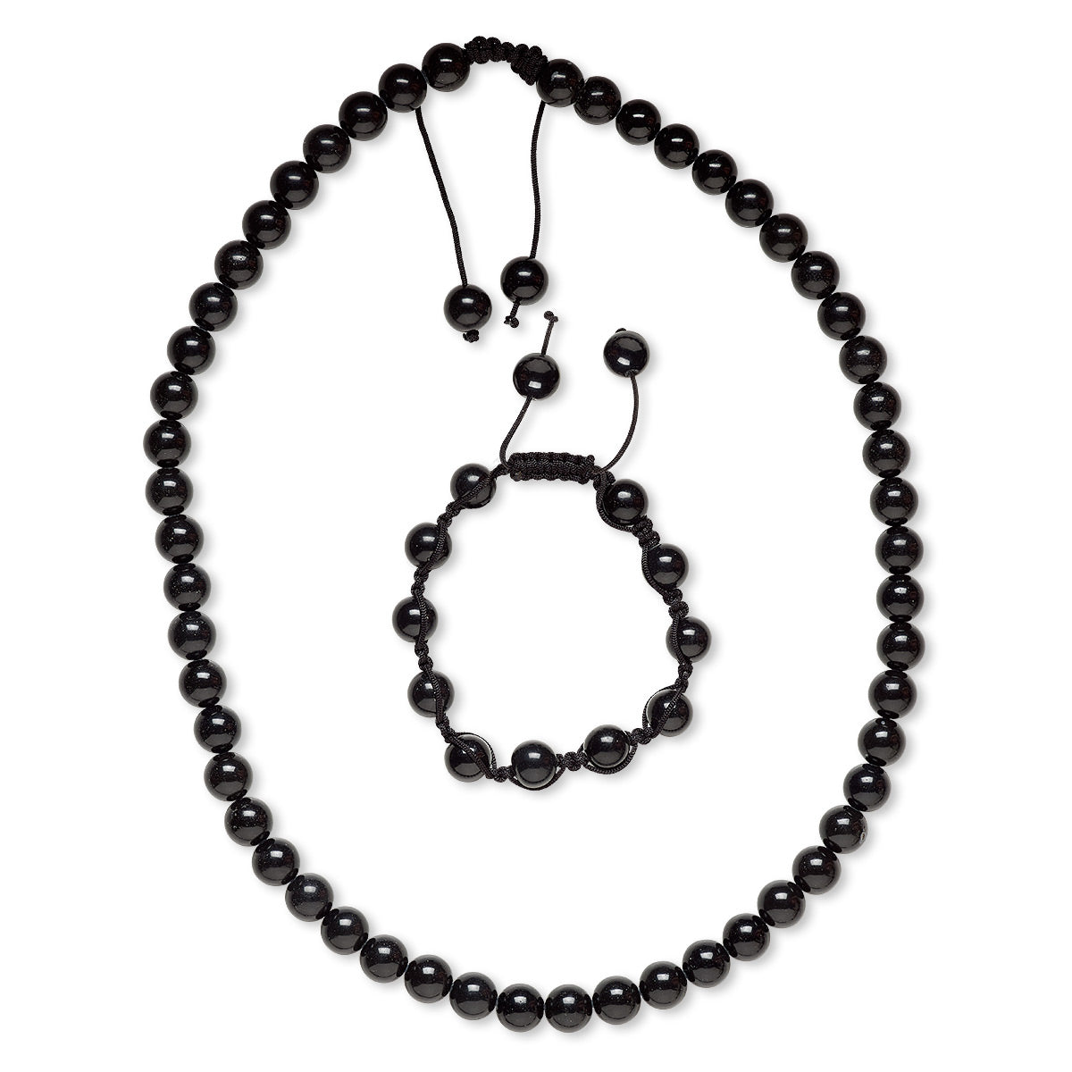 Natural Black Obsidian 10mm Bead Necklace and Bracelet Set, With Black Nylon Macrame Knot Closure, Adjustable