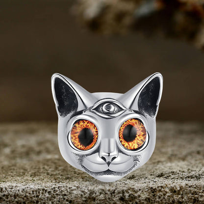 Personalized Gem Three-eyed Cat Stainless Steel Ring