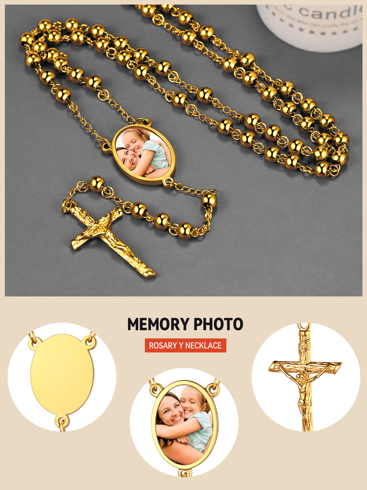 Customized Rosary Beads Cross Necklace With Picture for