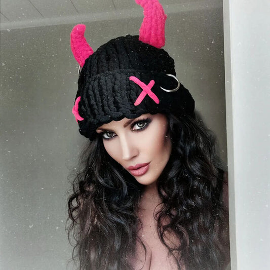 Pink Horn Demon Knitted Beanie Hat