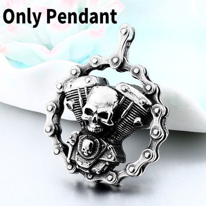 Steel Skull Motorcycles Engine Pendant Necklace/ Stainless Steel Rock Biker's Jewelry