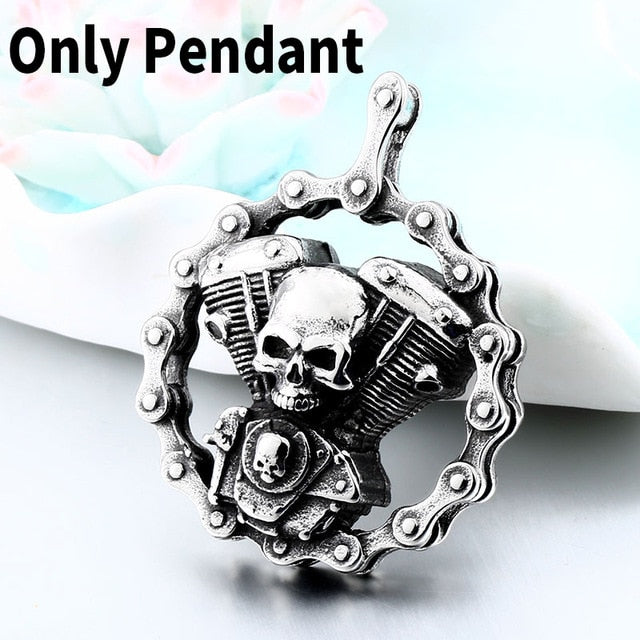 Steel Skull Motorcycles Engine Pendant Necklace/ Stainless Steel Rock Biker's Jewelry