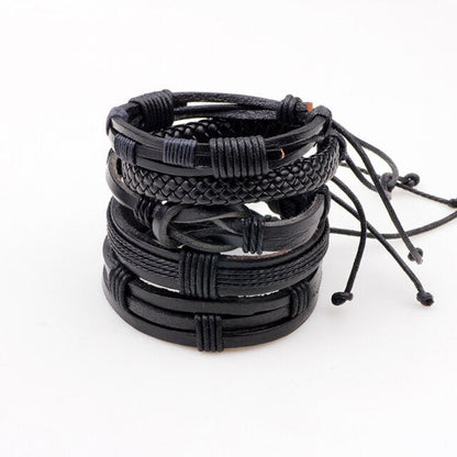 Black Leather Bracelet & Wristband in Rock Style Set of 5 Pcs