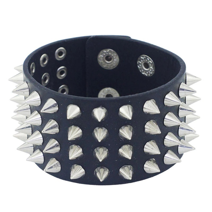 Pu Leather Gothic Bracelet / Black Bangle With Four Row Spikes