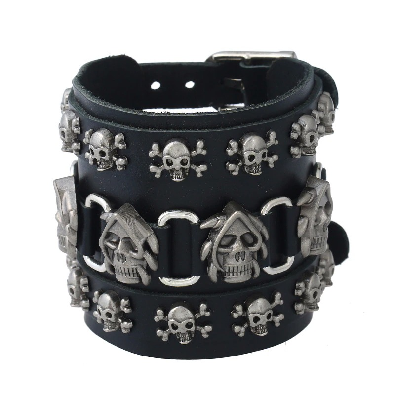 Punk Skull Genuine Leather Wide Bracelet / Gothic Cool Bracelets / Rock Accessories
