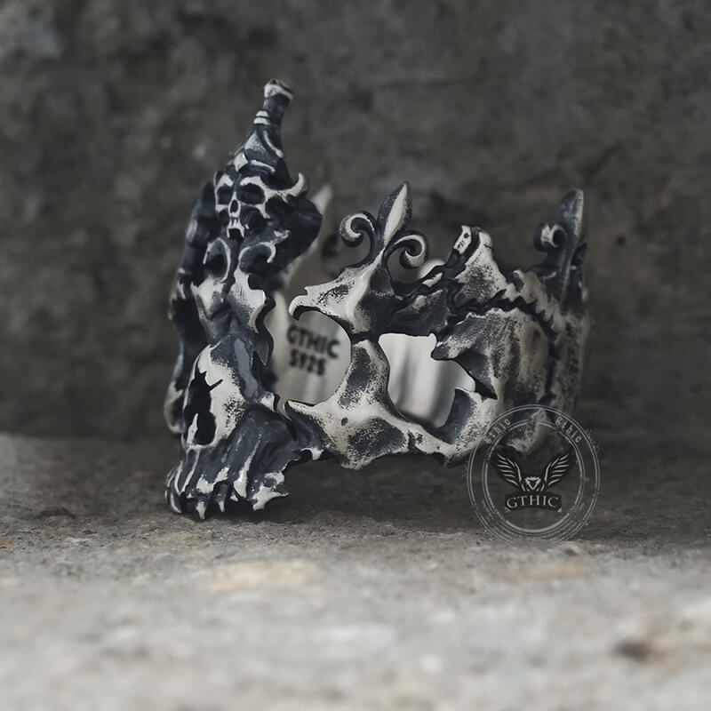 Punk Broken Skull Head Sterling Silver Ring