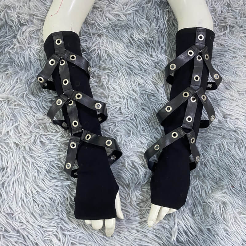 Punk Dark Style Pu Strappy Half-finger Sleeve Gloves