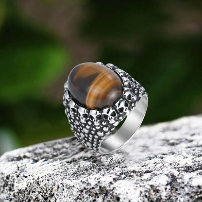 Punk Dense Skull Tiger Eye Stone Stainless Steel Ring