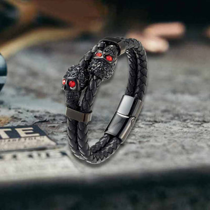 Punk Double Skull Stainless Steel Leather Bracelet