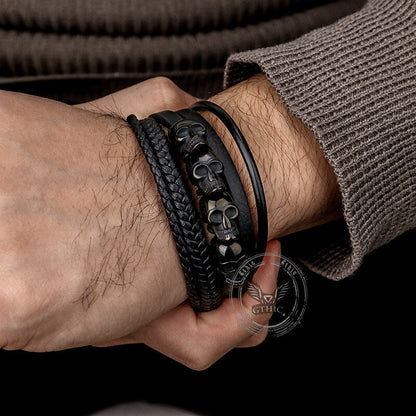 Punk Four Skulls Multi-layer Braided Leather Bracelet