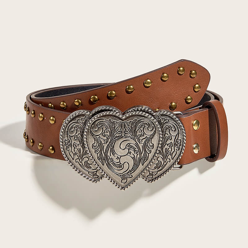 Punk Heart Overlapping Buckle Studded Pu Leather Belt