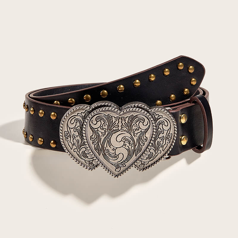 Punk Heart Overlapping Buckle Studded Pu Leather Belt